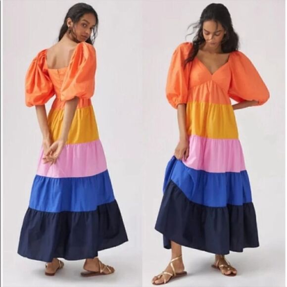 Anthropologie Farm Rio Tiered Colorblock
Puff Sleeves Fun Maxi Dress - Picture 1 of 16